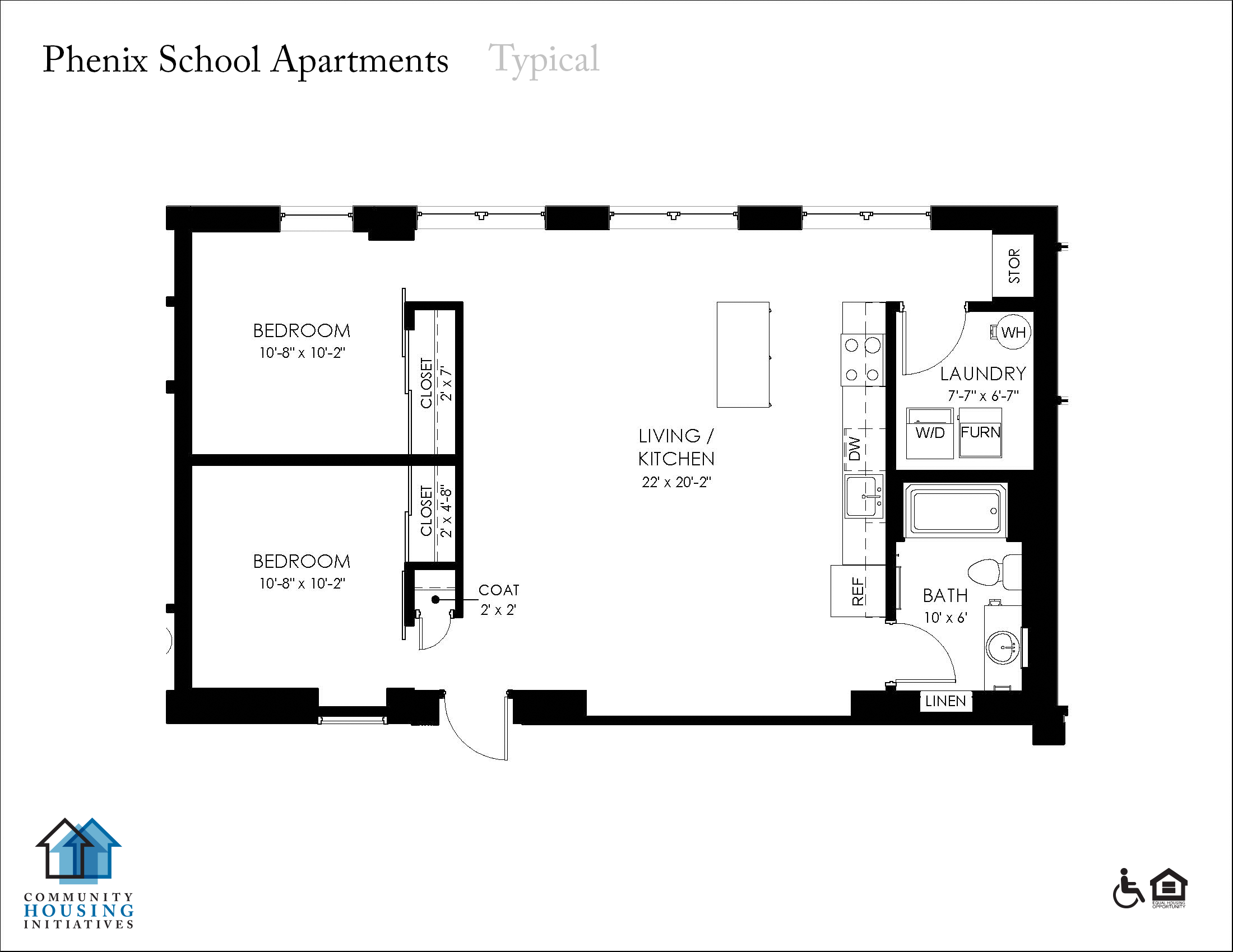 Floor plan for 2 beds, 1 bath, 887 sqft